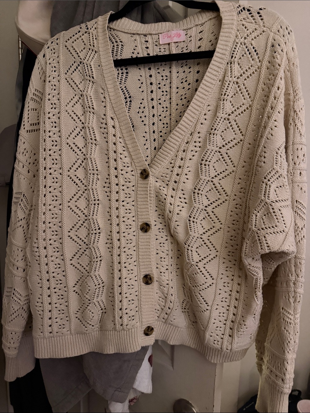 Pink Lily Cream Openwork Button-Front Cardigan